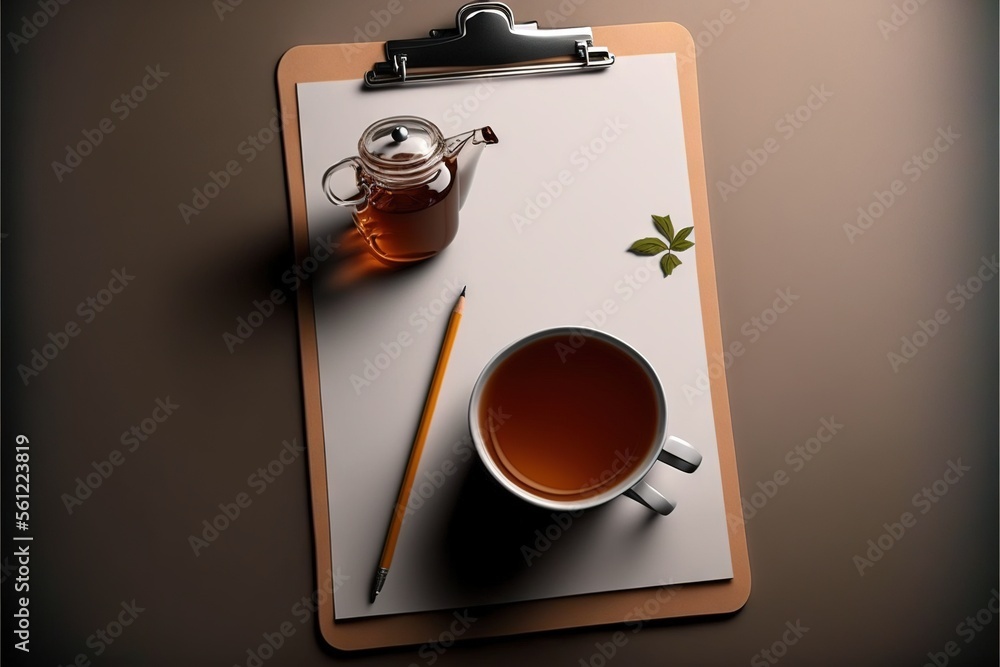 Poster a clipboard with a cup of tea and a pencil on it next to a clipboard with a clipboard with a cup of 