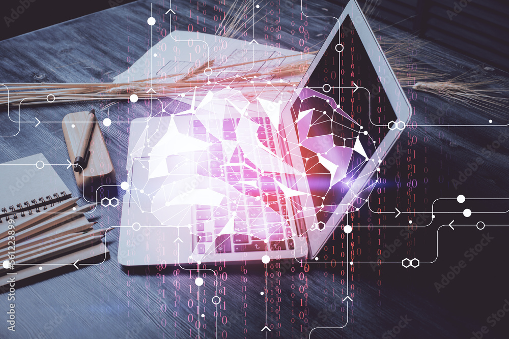 Poster Double exposure of desktop with computer and brain drawing hologram. Artificial intelligence concept.