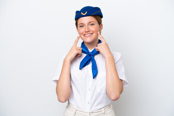 Airplane stewardess woman isolated on white background smiling with a happy and pleasant expression