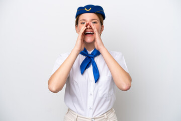 Airplane stewardess woman isolated on white background shouting and announcing something