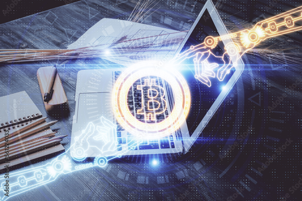 Aufkleber Double exposure of blockchain and crypto economy theme hologram and table with computer background. Concept of bitcoin cryptocurrency.