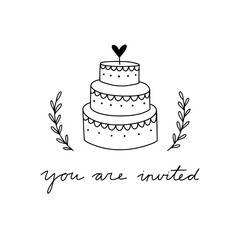 Wedding cake hand drawn illustration. Sweet cake doodle graphics for wedding or birthday party