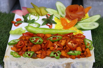 Serving Plate of Mexicano Dish with Mayo and Fresh Vegetables  Foods Stock