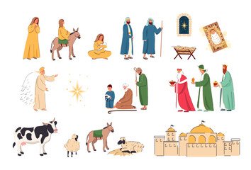 Bible characters. The birth of Jesus vector illustration set. Christ birth in manger, virgin Mary. Christmas scene of baby Jesus in the manger with big Bethlehem star,  three wise men and shepherds.