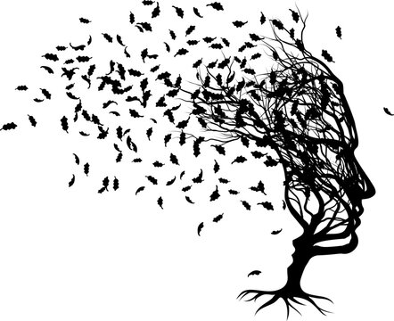 An optical illusion couple tree design with a man and womans faces in silhouette. The mans face is formed by the tree and the womans by the negative space. Could have many meanings as a concept.