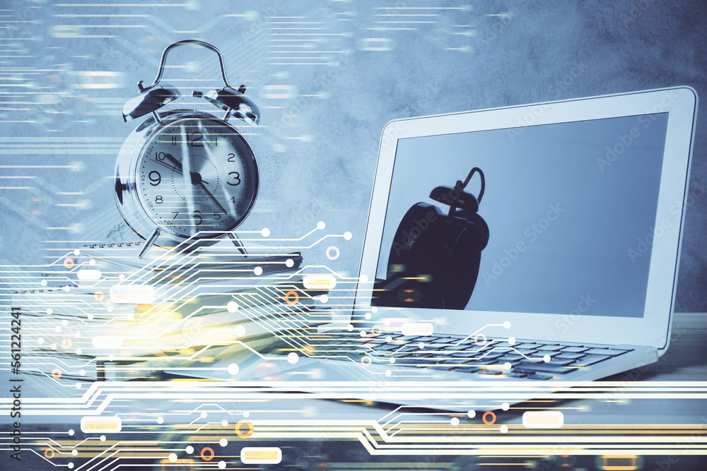Poster Double exposure of desktop with computer on background and tech theme drawing. Concept of big data.