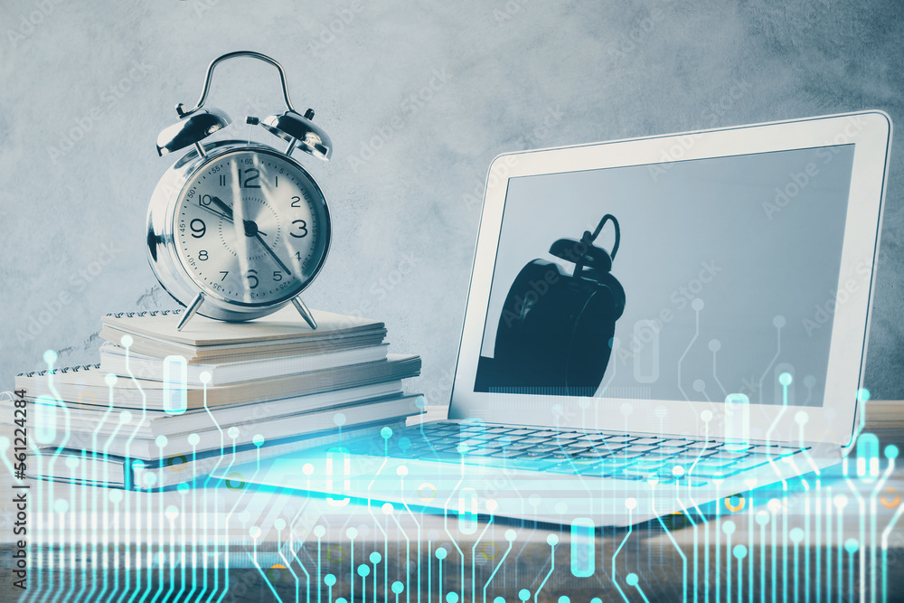 Aufkleber Double exposure of desktop with computer on background and tech theme drawing. Concept of big data.