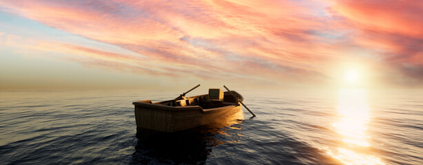 boat in the sea drifting with old television by the south 3d rendering © ArtDigital