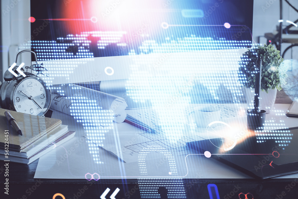 Poster Double exposure of desktop with computer and world map hologram. International data network concept.