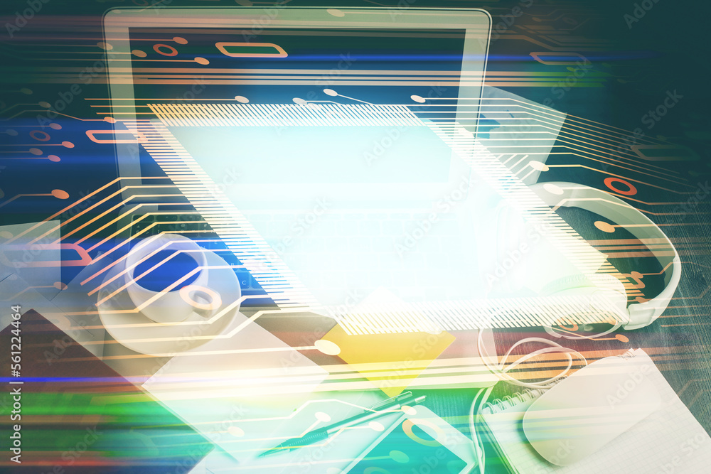 Poster Double exposure of desktop with computer on background and tech theme drawing. Concept of big data.