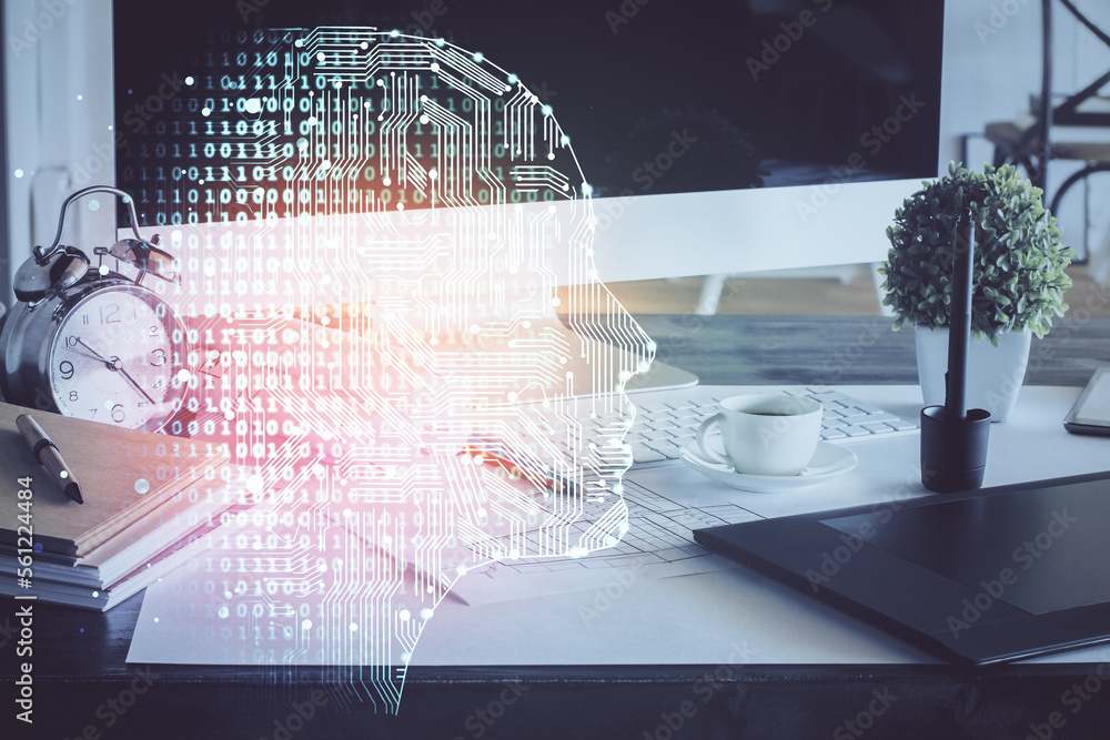 Poster double exposure of desktop computer and human brain drawing hologram. ai concept.