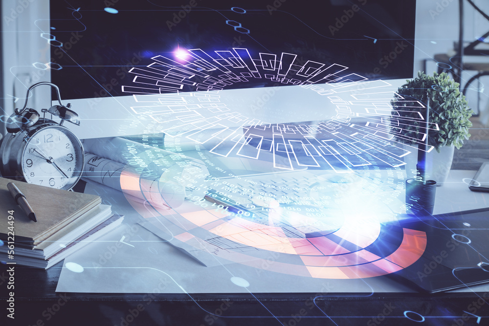 Poster Double exposure of desktop with computer on background and tech theme drawing. Concept of big data.