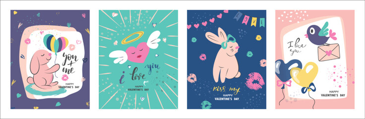 Set of Valentine's Day greeting cards with cute hand-drawn elements.Vector illustration for postcards, posters, coupons, promotional materials.