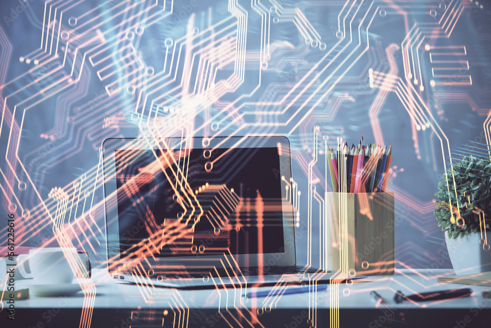 Aufkleber Computer on desktop in office with technology theme hologram. Double exposure. Tech concept.