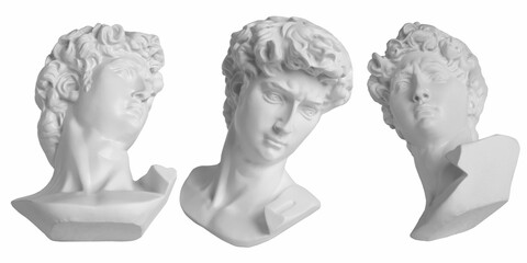 Closeup of  beautiful sculpture, gypsum bust of a Michelangelo's David isolated over a white...