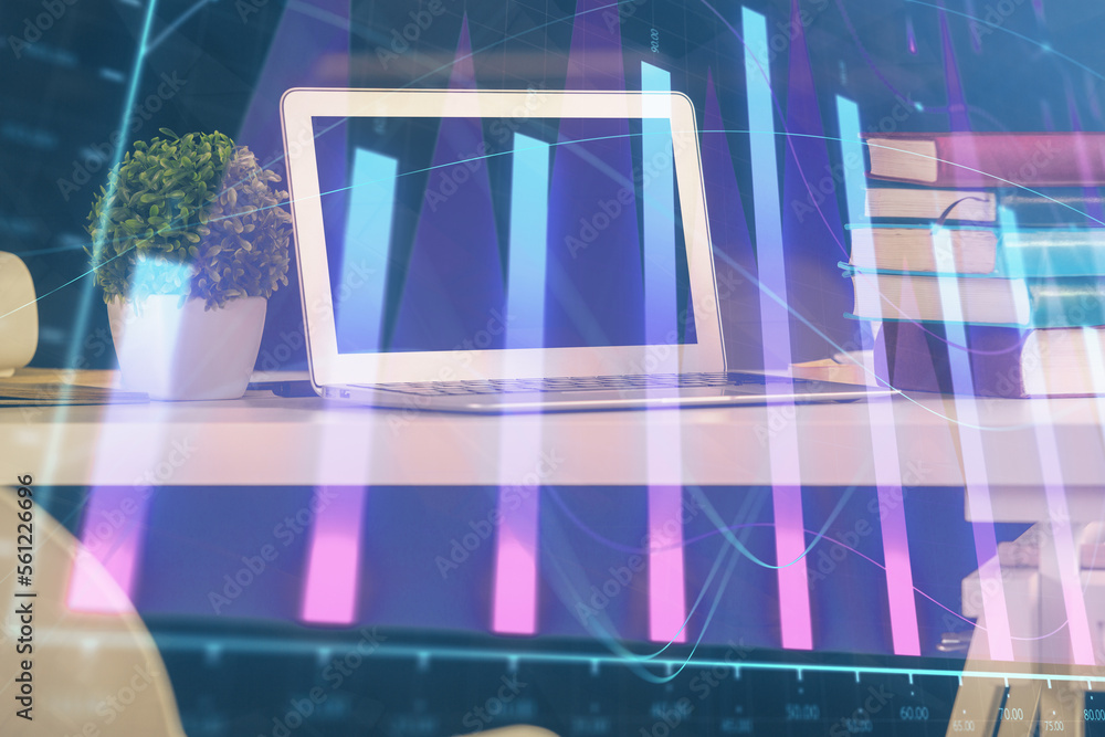 Poster forex market graph hologram and personal computer on background. multi exposure. concept of investme