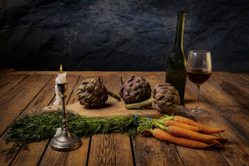 old table with food - obrazy, fototapety, plakaty