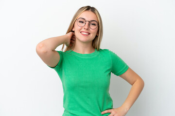 Young caucasian woman isolated on white background laughing