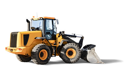 Large wheeled front loader or bulldozer on a white isolated background. construction machinery. Element for design. Transportation and movement of bulk materials. Excavation.