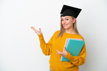 Young student caucasian woman isolated on white background extending hands to the side for inviting to come