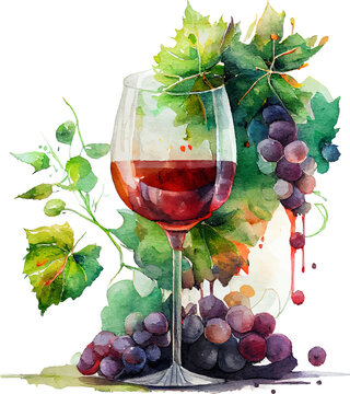 Red Wine in Flass with Grapes Watercolor Illustration