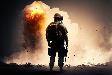 Naklejka premium Male Army soldier in uniform with a rifle in action. Great explosion with fire and smoke. Heavy explosions, fire and smoke billowing on background. Cinematic back view