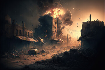 Fototapeta na wymiar War building destruction in desolated city cinematic illustration at sunset with destroyed car in foreground. Apocalypse concept 