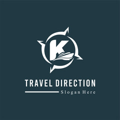 Obraz premium Initial K Letter with Ship Marine and Compass Icon for Travel Guide Navigation Business Logo Idea Template