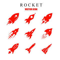 Red color rocket icon template set. Stock vector illustration.