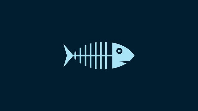 White Fish skeleton icon isolated on blue background. Fish bone sign. 4K Video motion graphic animation