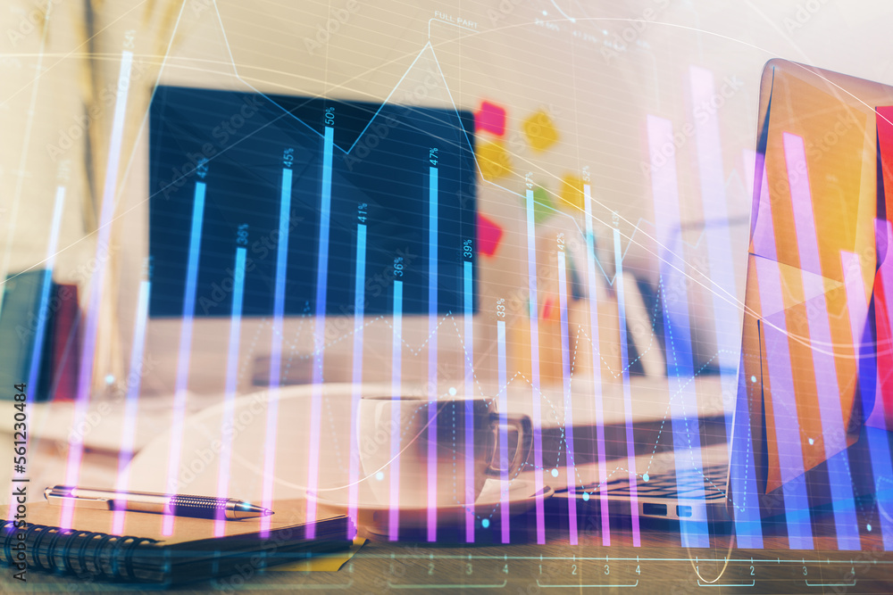 Poster forex market graph hologram and personal computer on background. multi exposure. concept of investme