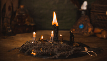 Illustration of concept remove negative energy away from you, home, another. Magic and rite, candle is burning