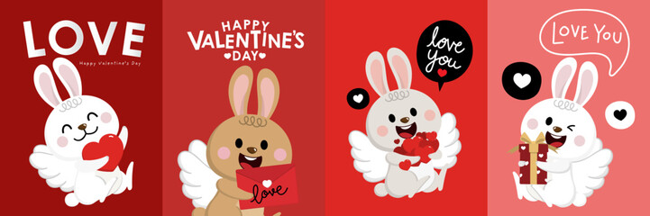 Happy Valentine's day greeting card with cute rabbit in cupid wings costume, heart and gift.  Animal in love holidays cartoon character. - Vector