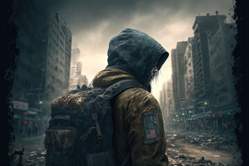 Stranger with backpack in post apocalyptical city