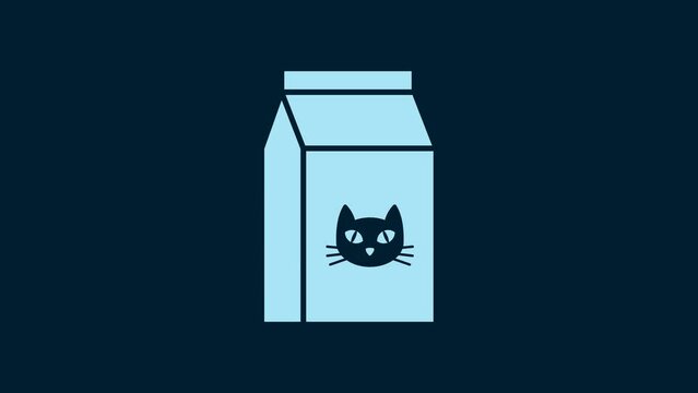 White Bag of food for cat icon isolated on blue background. Food for animals. Pet food package. 4K Video motion graphic animation
