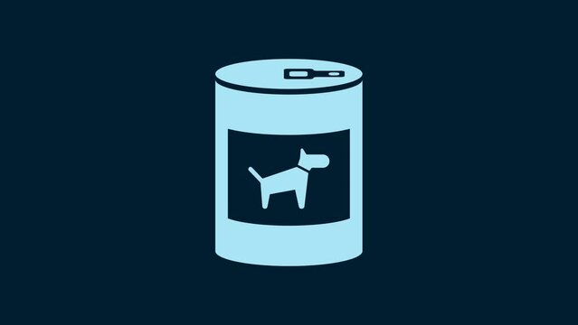 White Canned food for dog icon isolated on blue background. Food for animals. Pet dog food can. 4K Video motion graphic animation