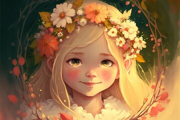 Beautiful blonde girl with a wreath of flowers on her head on a colorful spring background in a watercolor style warm gentle colors .AI generated.