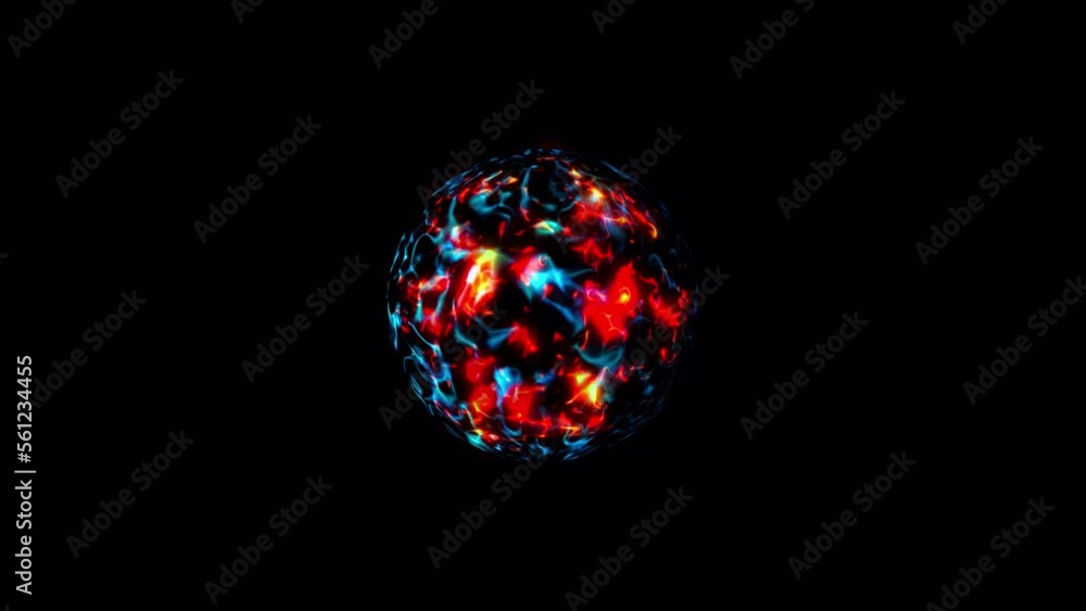 Poster abstract loop dark blue red fire energy star planet sphere animations background. 4k 3d isolated qui
