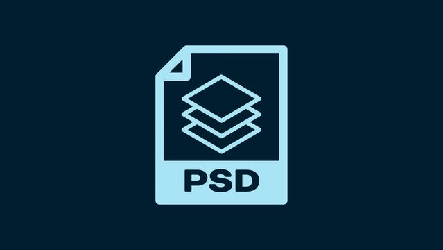 White PSD file document. Download psd button icon isolated on blue background. PSD file symbol. 4K Video motion graphic animation