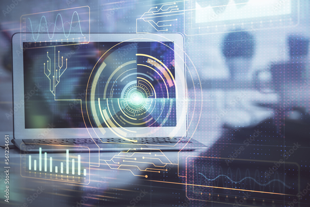 Poster Multi exposure of desktop computer and technology theme hologram. Concept of software development.