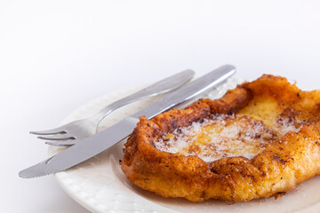 Fried French toast ,Torrijas. Typical Spanish Easter sweet. Vertical photography and selective focus