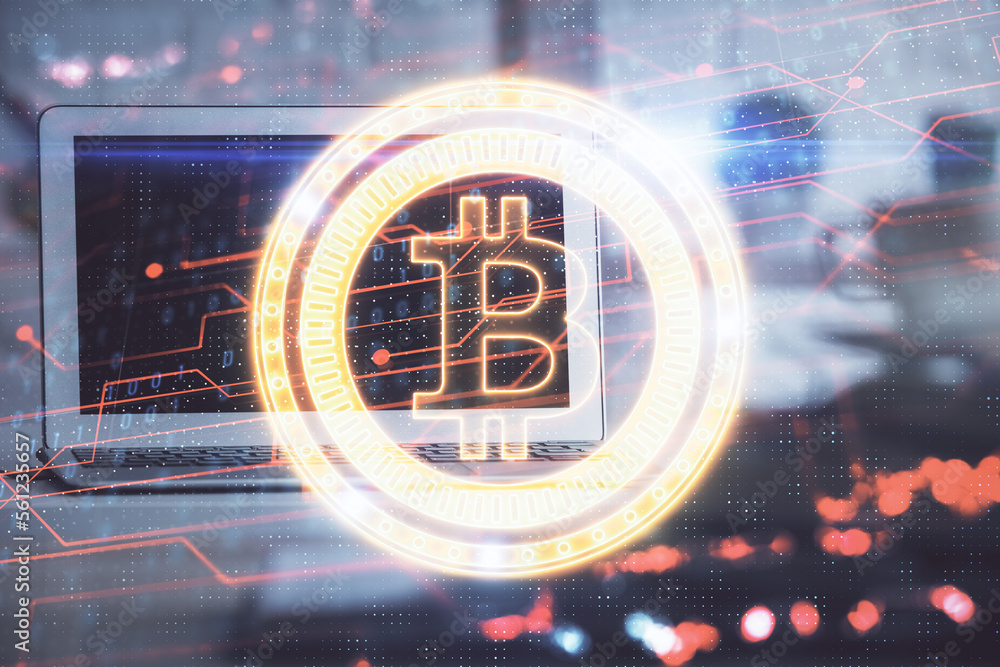 Poster Multi exposure of blockchain and crypto economy theme hologram and table with computer background. Concept of bitcoin cryptocurrency.