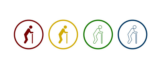 Old man icon, elder person with cane in different circle background.