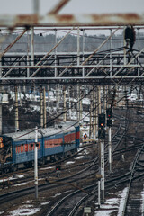 View of the railroad from above. Wagons and tracks.