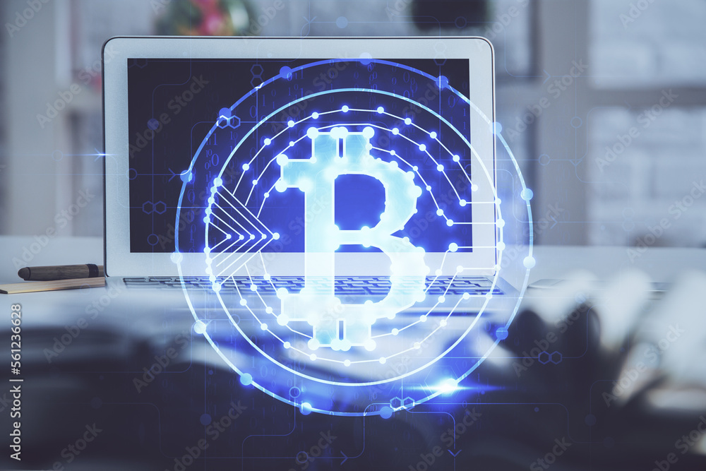 Poster Multi exposure of blockchain and crypto economy theme hologram and table with computer background. Concept of bitcoin cryptocurrency.