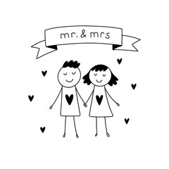 Hand drawn couple in love. Bride and groom cute doodles. Vector wedding illustration