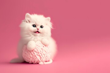 Ragdoll cat, small cute kitten portrait on funny knott pillow on pink background. Pedigree pet, kitten playing pink clew or ball isolated. generative ai