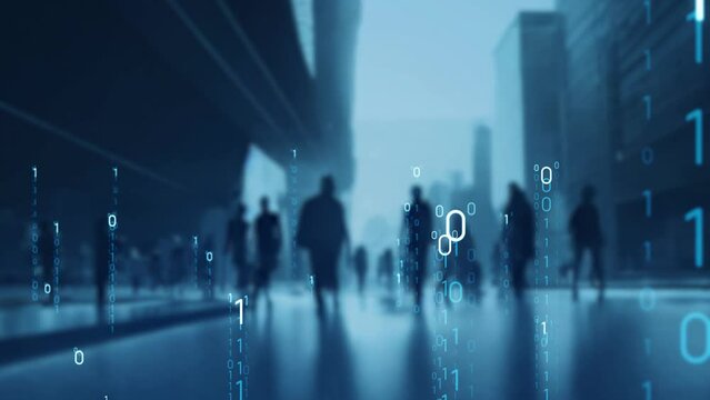 Group of people in the city and digital transformation concept. System engineering.