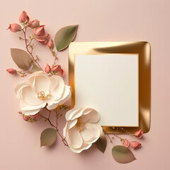 Card with white flowers and gold envelope. Elegant flatlay with copy space. Pink background. Generative AI.