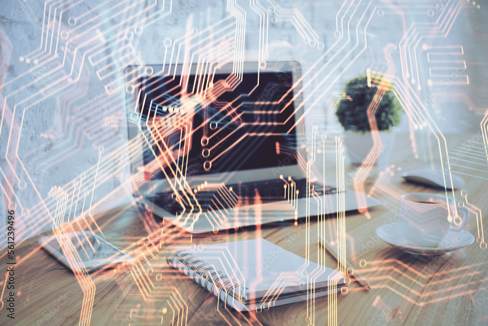 Aufkleber Computer on desktop in office with technology theme hologram. Multi exposure. Tech concept.